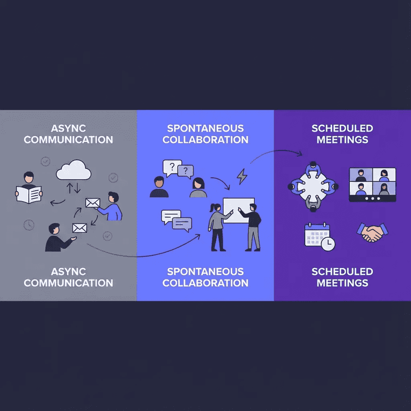 Three modes of remote team communication — async, spontaneous collaboration, and scheduled meetings