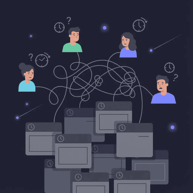 Illustration of distributed remote teammates tangled in messages and disconnected tools