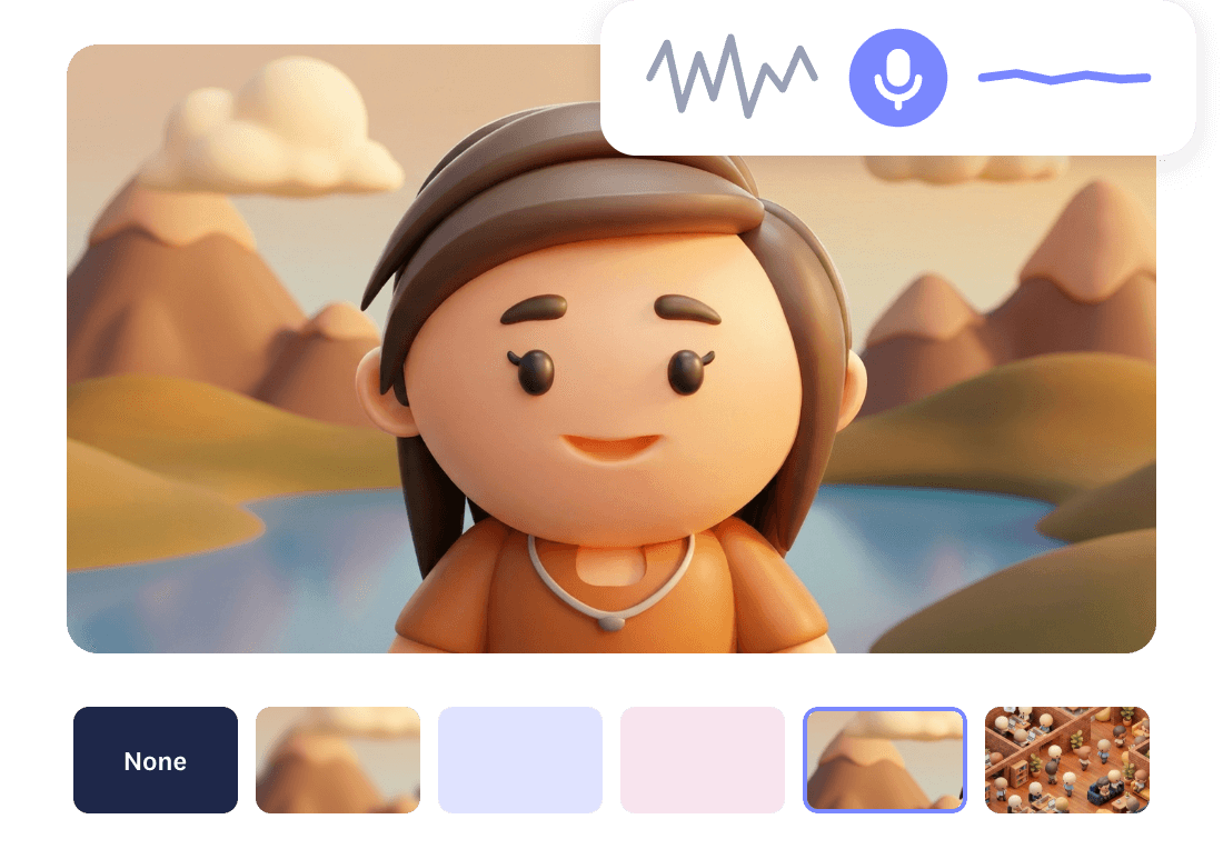 A Cosmos video tile using a mountain and lake virtual background, with a noise cancellation indicator turning a jagged waveform into a smooth one, and the background picker below.