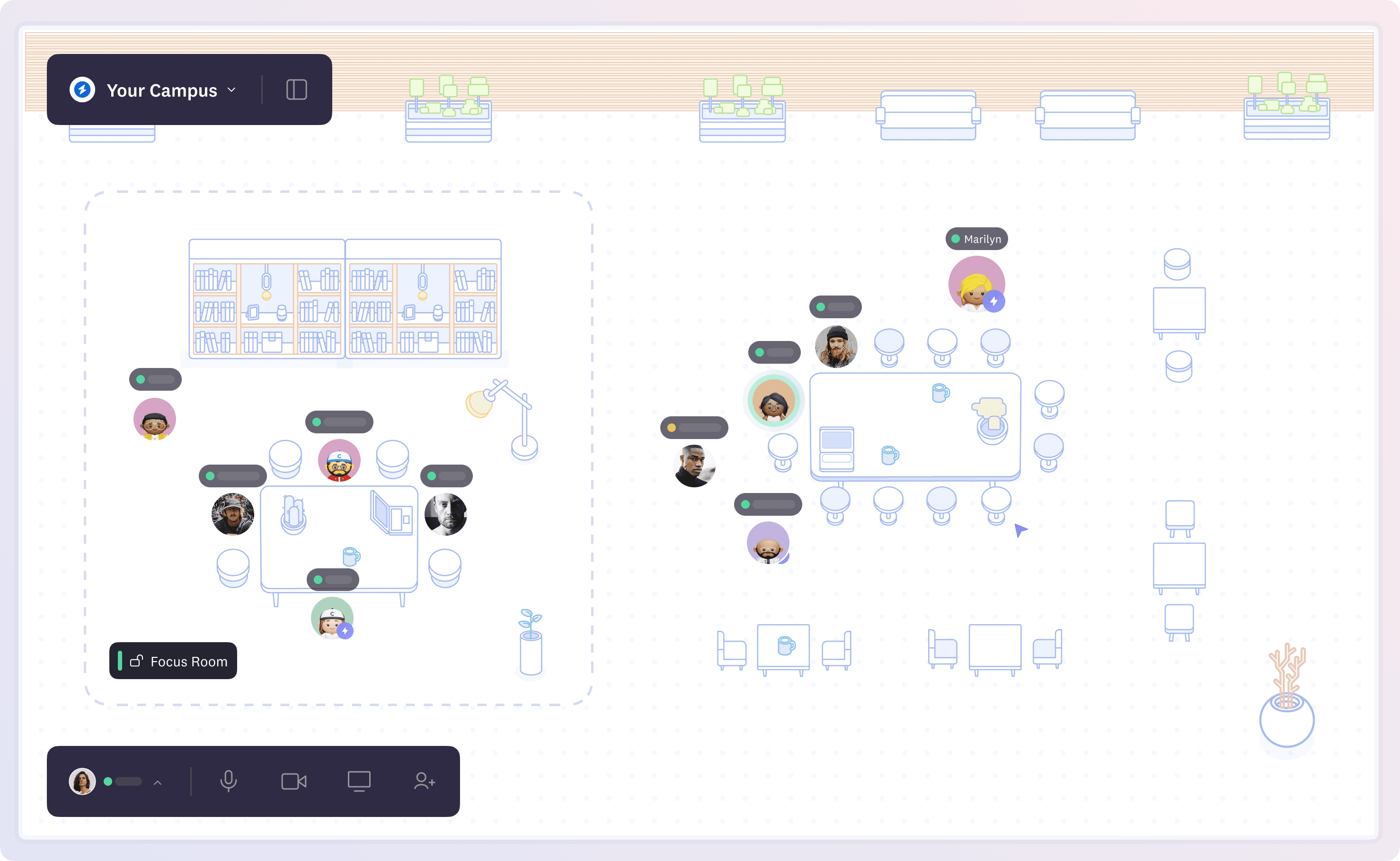 Campus hosted on Cosmos virtual space product. Students and mentors are present in the space.
