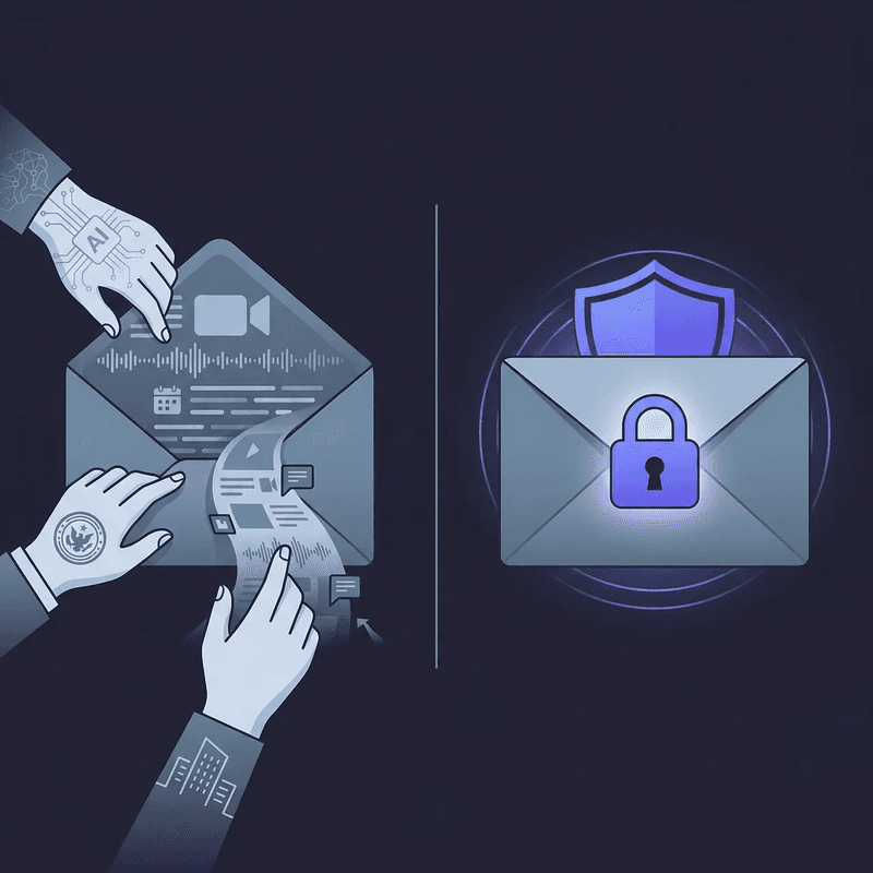 Illustration of hands picking an envelope in a Google surveillance contrast with a secure Cosmos envelope