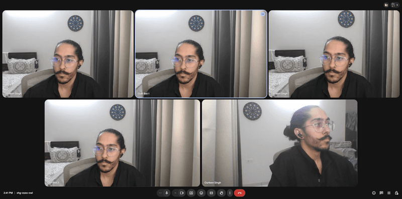 Screenshot of a 5-person Google Meet call with all cameras on for the resource benchmark