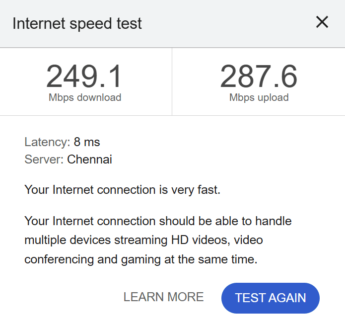 Internet speed test result — 249 Mbps download, 287 Mbps upload, 8ms latency on Chennai server