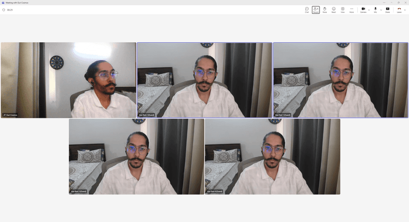 Screenshot of a 5-person Microsoft Teams call with all cameras on for the resource benchmark test