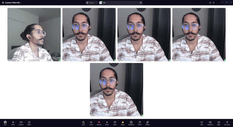 Screenshot of a 5-person Cosmos Video call with all cameras on for the resource benchmark