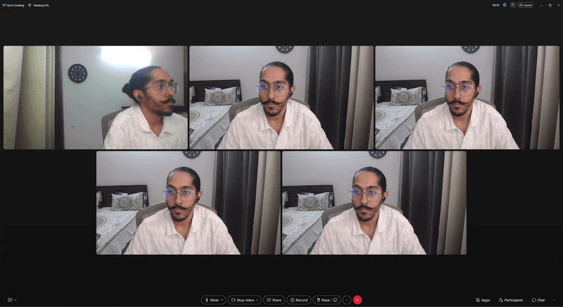 Screenshot of a 5-person Cisco Webex call with all cameras on for the resource benchmark