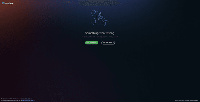 Webex error screen saying Something went wrong with retry and learn more buttons
