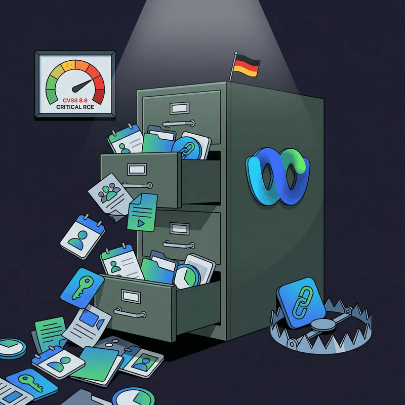 Illustration of a filing cabinet of Webex files spilling out, representing German government data leak