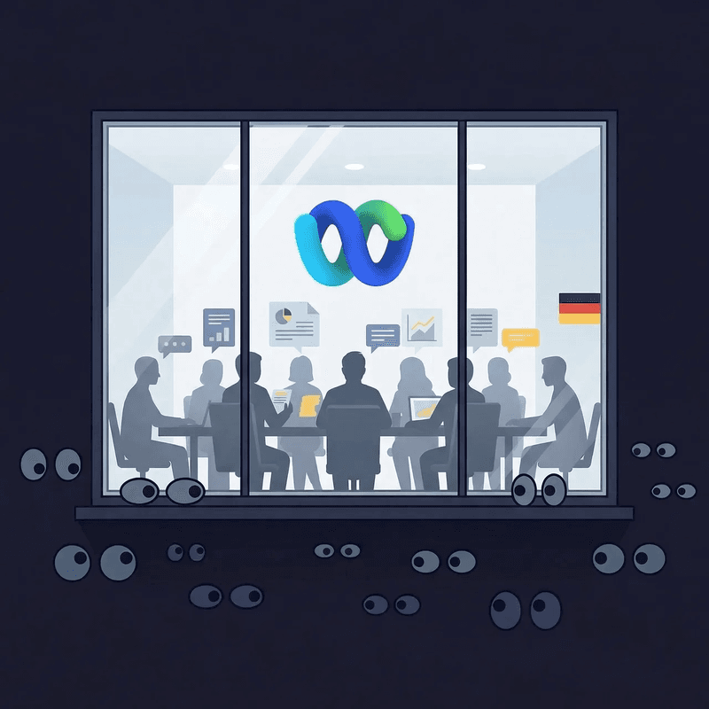 Illustration of spies watching a Webex meeting through a window, referencing the German government leak
