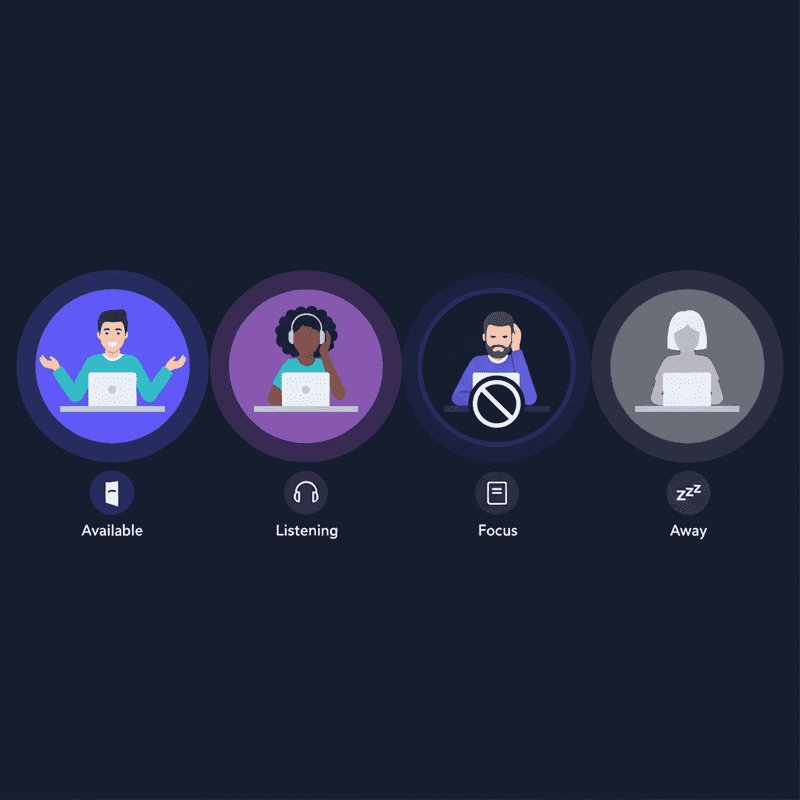 Four Cosmos Video availability statuses — Available, Listening, Focus, and Away — for respecting teammate boundaries