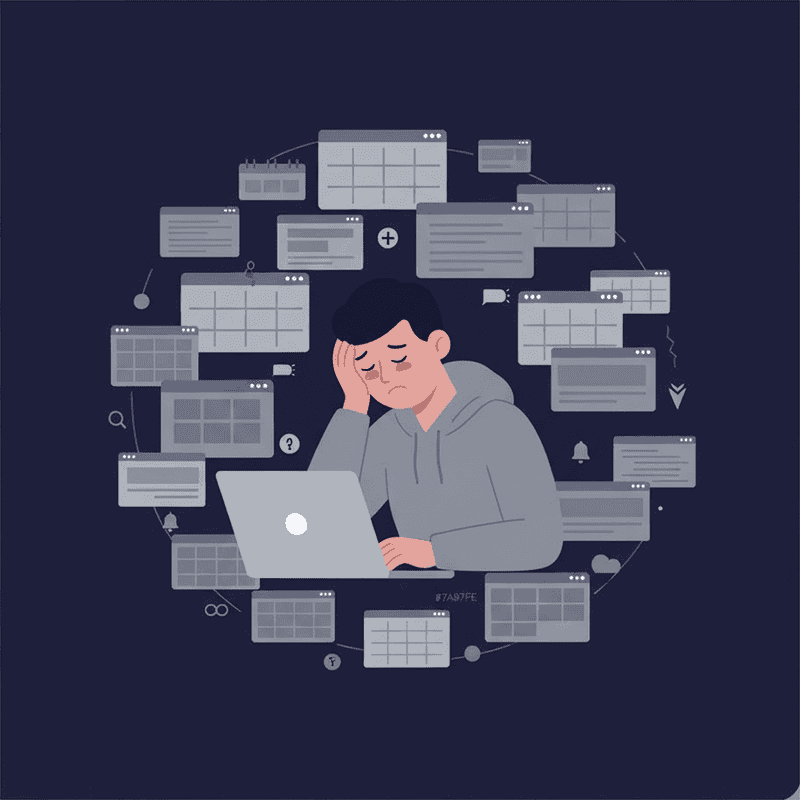 Illustration of an exhausted remote worker surrounded by chaotic browser tabs and notifications