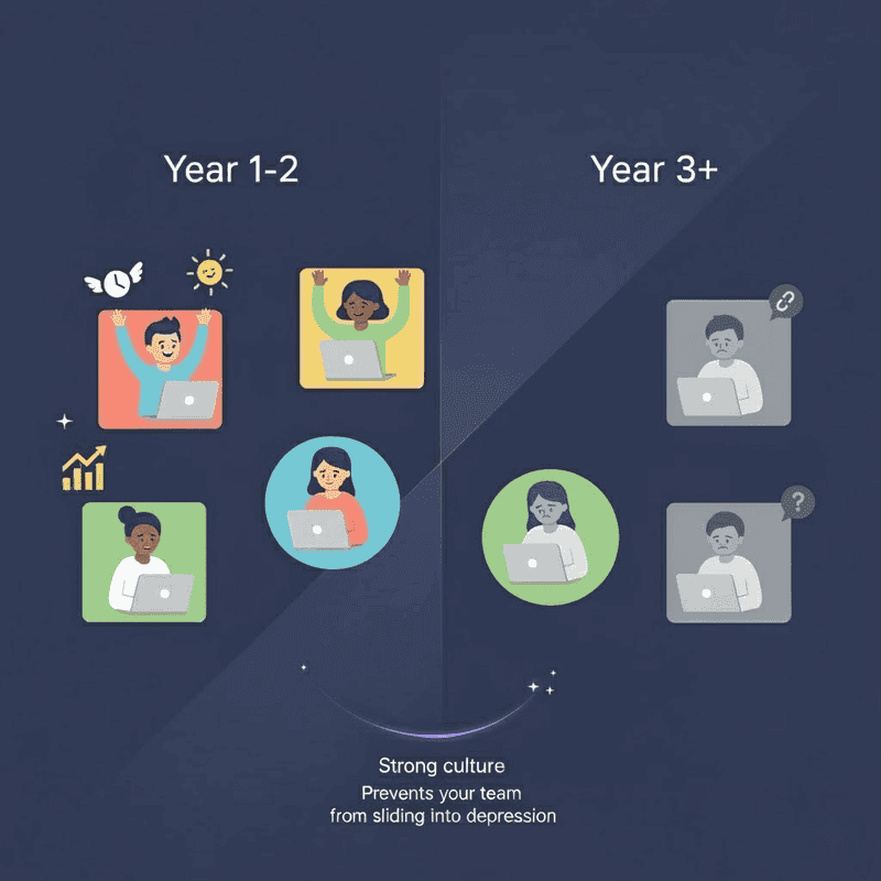Year 1-2 versus Year 3+ remote team timeline showing how strong culture prevents a slide into disengagement