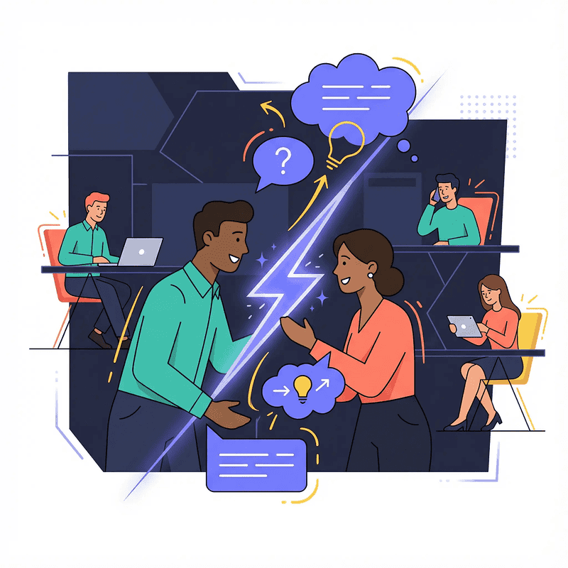 Two remote workers divided by a lightning bolt, showing broken communication between teammates