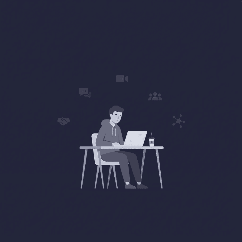 Disengaged remote worker at a laptop with scattered collaboration and meeting icons in the dark