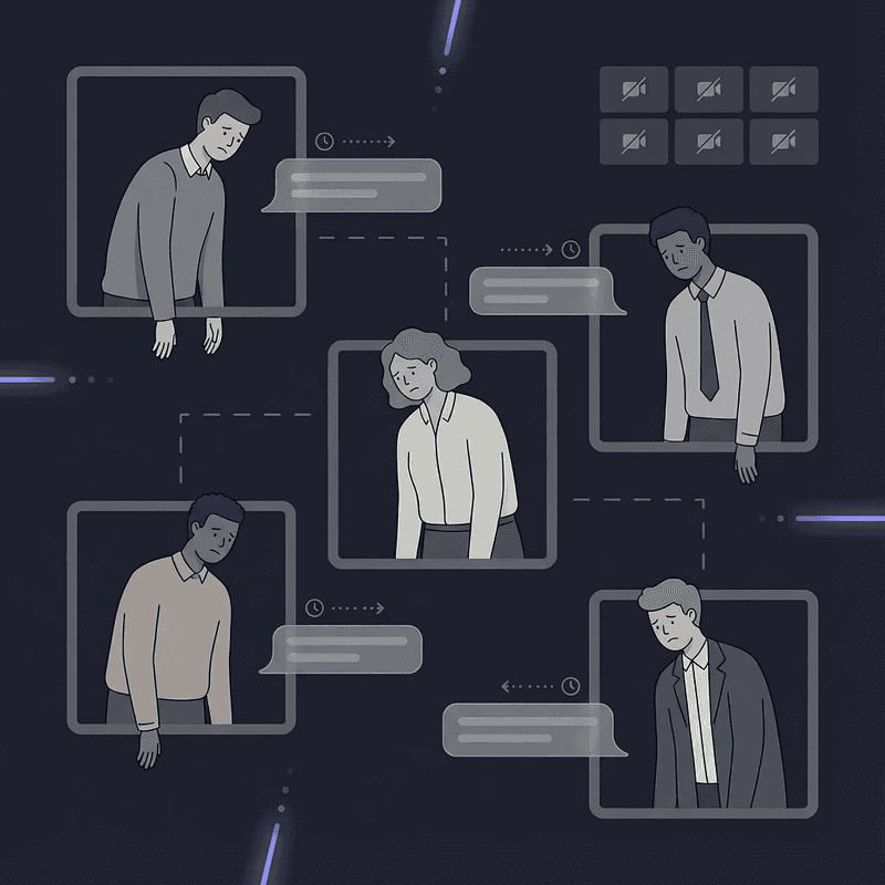 Multiple disengaged video call participants showing how low morale spreads across a remote team