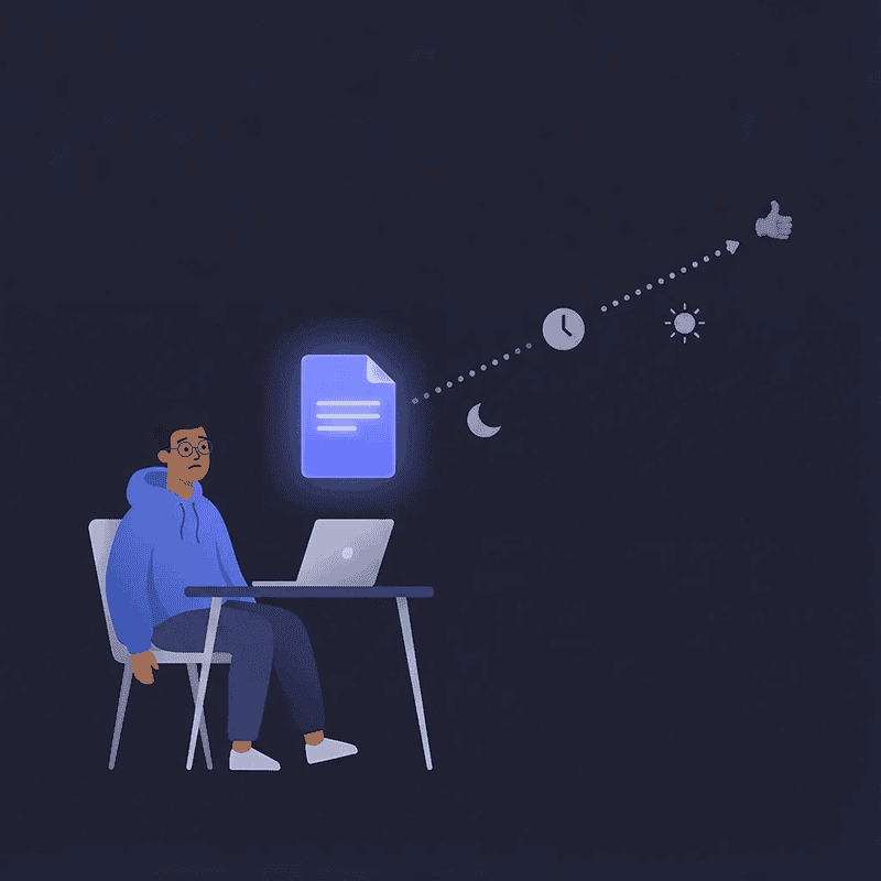 Remote worker at a desk surrounded by floating productivity and task icons