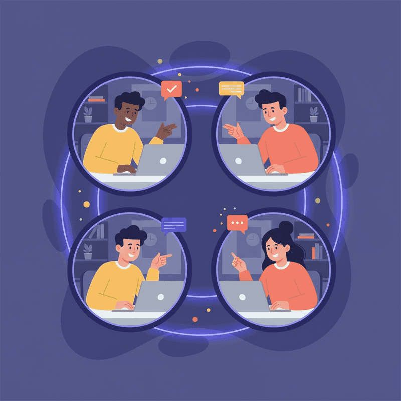 Four connected Cosmos Video teammates having spontaneous chats in linked video circles
