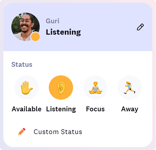 Cosmos Video True Statuses panel with Available, Listening, Focus, and Away options