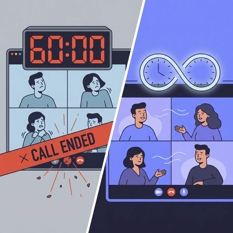 Split illustration: 60 minute countdown call ended on Google Meet versus unlimited Cosmos Video call