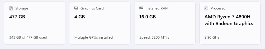Benchmark hardware specs card showing 477GB storage, 4GB GPU, 16GB RAM, Ryzen 7 4800H processor