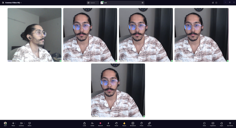 Screenshot of a 5-person Cosmos Video native app call with all cameras on for the resource benchmark
