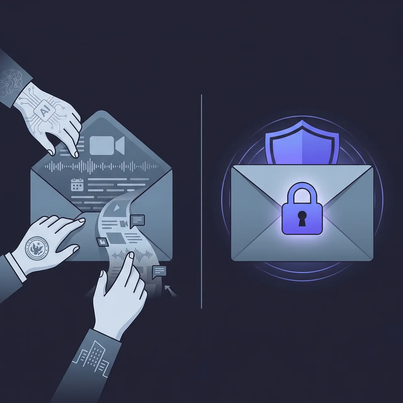 Illustration of hands picking an envelope in a Google surveillance contrast with a secure Cosmos envelope