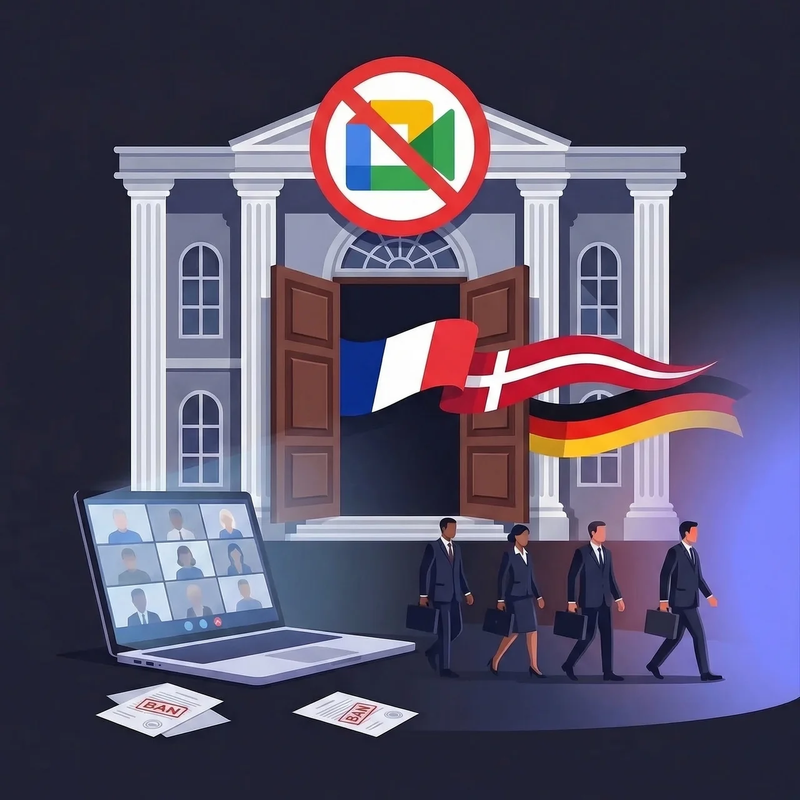 Illustration of government officials exiting a building with a Google Meet ban sign and French and German flags
