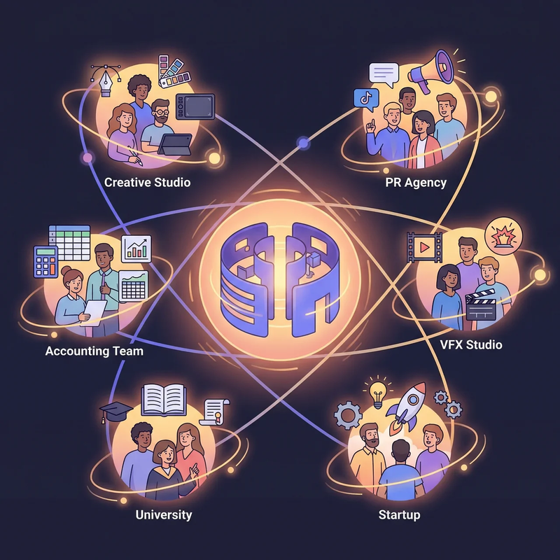 Illustration of six team types — creative, PR agency, accounting, VFX, university, startup — in Cosmos Video