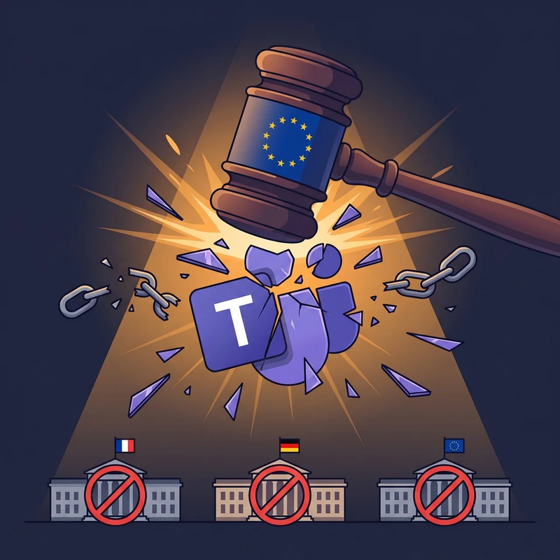 Illustration of an EU gavel smashing the Microsoft Teams logo, referencing the EU antitrust ruling