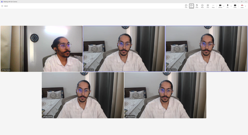 Screenshot of a 5-person Microsoft Teams call with all cameras on for the resource benchmark test