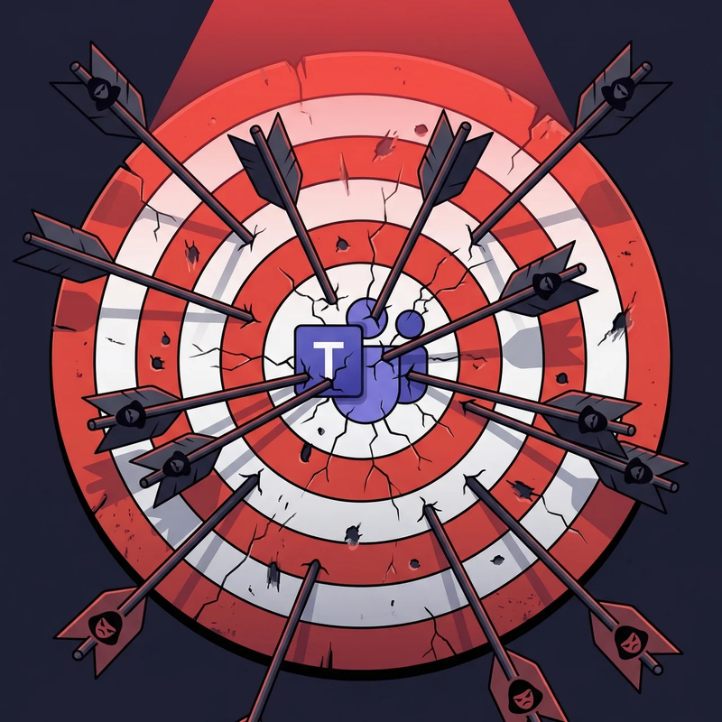 Illustration of Microsoft Teams as a target hit by many arrows representing security vulnerabilities