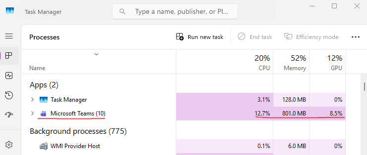 Windows Task Manager showing Microsoft Teams using 12.7% CPU, 801 MB memory, and 8.5% GPU