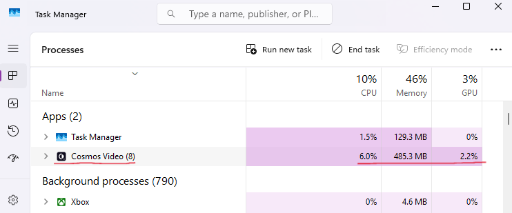 Windows Task Manager showing Cosmos Video using 6.0% CPU, 485 MB memory, and 2.2% GPU