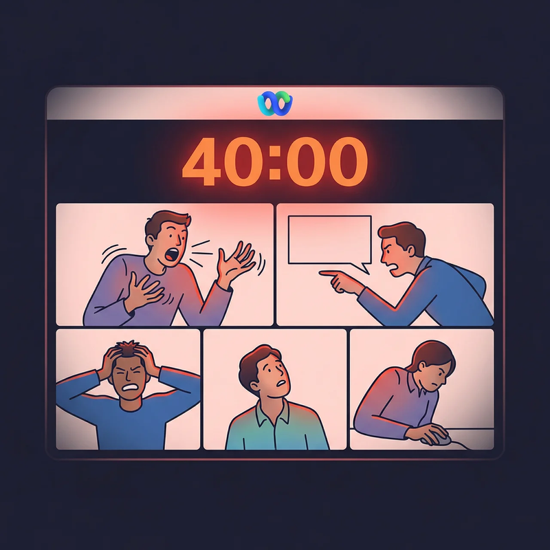 Webex meeting popup showing a 40 minute countdown with frustrated participants on a call