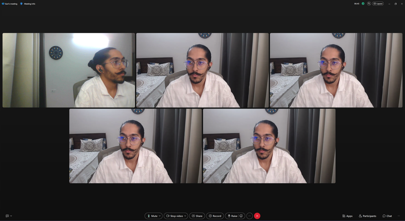 Screenshot of a 5-person Cisco Webex call with all cameras on for the resource benchmark