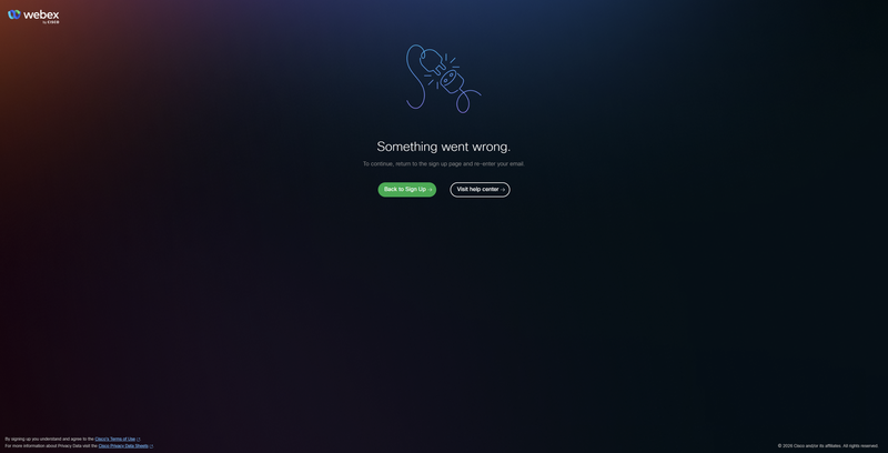 Webex error screen saying Something went wrong with retry and learn more buttons