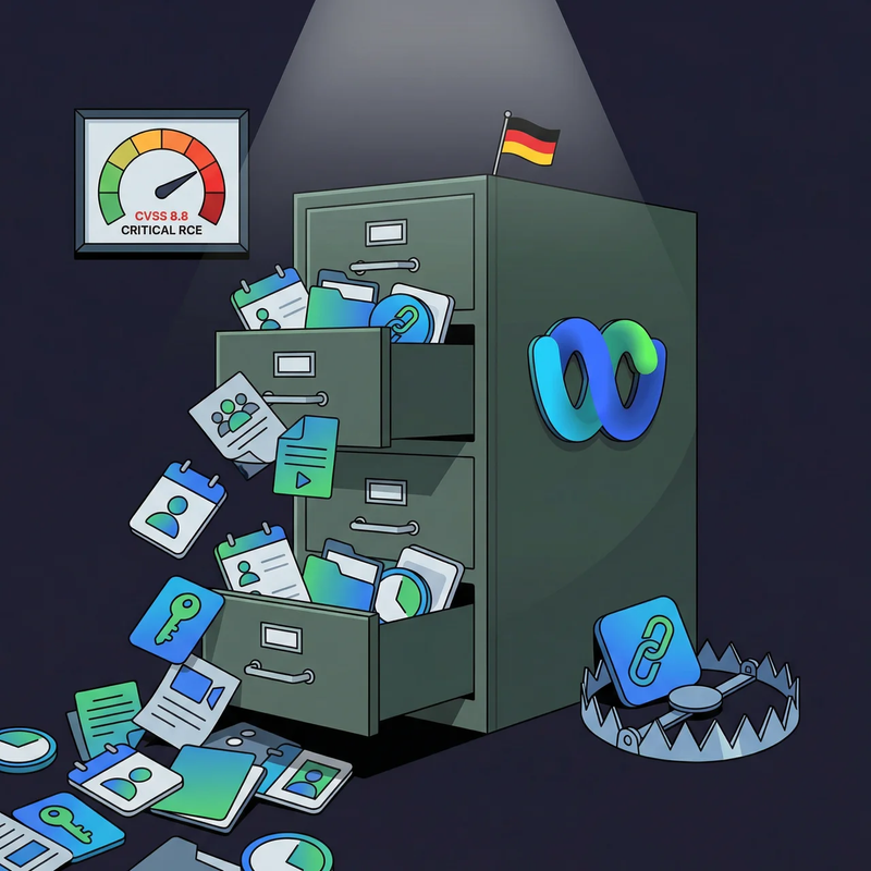 Illustration of a filing cabinet of Webex files spilling out, representing German government data leak