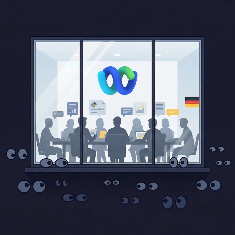 Illustration of spies watching a Webex meeting through a window, referencing the German government leak