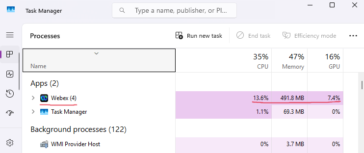 Windows Task Manager showing Cisco Webex using 13.6% CPU, 491 MB memory, and 7.4% GPU
