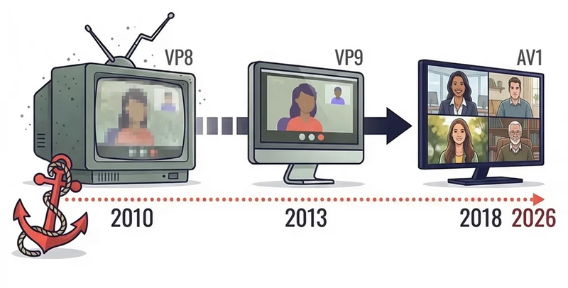 Video codec evolution timeline showing VP8 in 2010, VP9 in 2013, AV1 in 2018, with Zoho stuck in the past