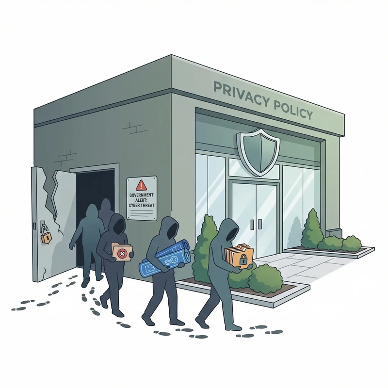 Illustration of intruders walking away with boxes from a privacy policy building — Zoho privacy contrast