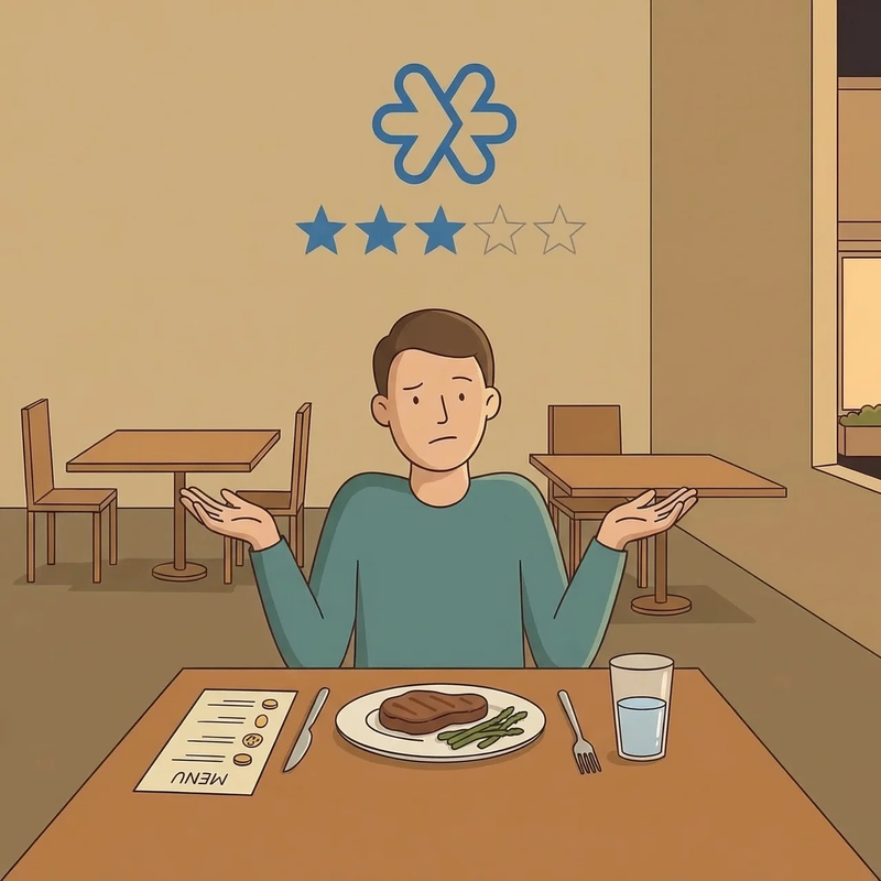 Illustration of an unimpressed diner giving Zoho Meeting a 3-star review at a dark restaurant