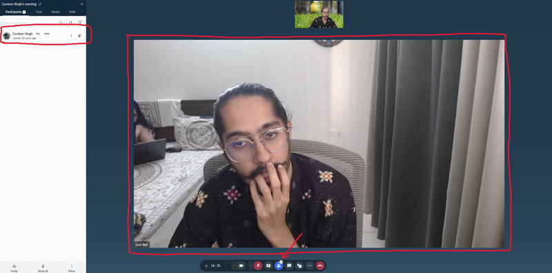 Screenshot of a Zoho Meeting video call with poor video quality on a single participant