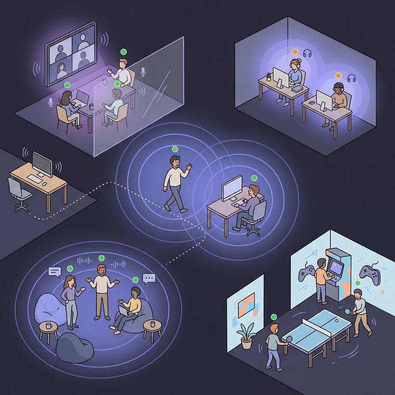 Isometric illustration of a Cosmos Video workspace with meeting area, focus room, lounge, and game room