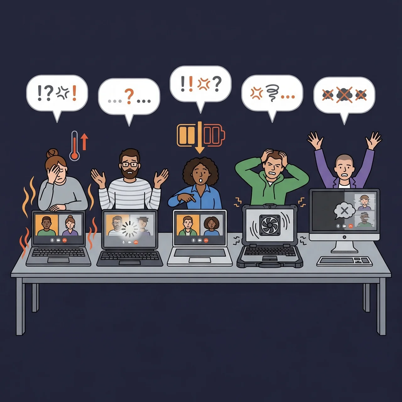 Frustrated team on Zoom calls showing audio glitches and connection issues across multiple laptops