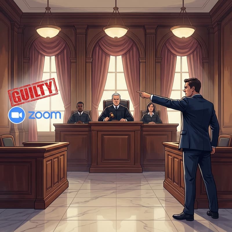 Illustration of a courtroom scene with Zoom logo stamped Guilty and a lawyer pointing at the judge
