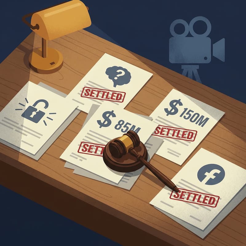 Illustration of a desk with multiple Zoom legal settlement papers showing 5M and 50M payouts