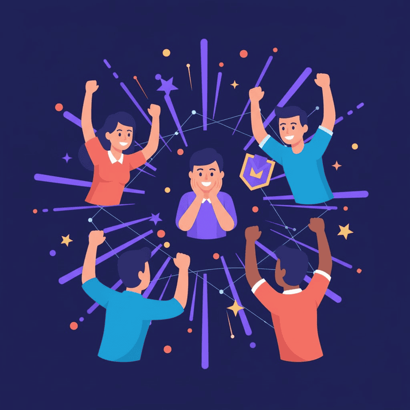 Illustration of a distributed team celebrating a win publicly with cheers and fireworks