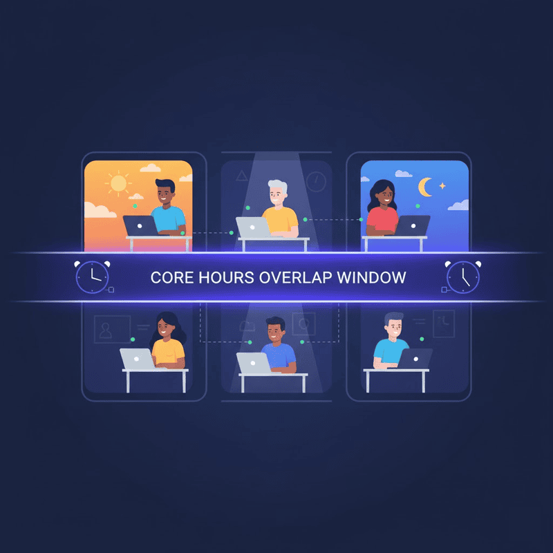 Core hours overlap window showing remote teammates in day and night timezones sharing a work block