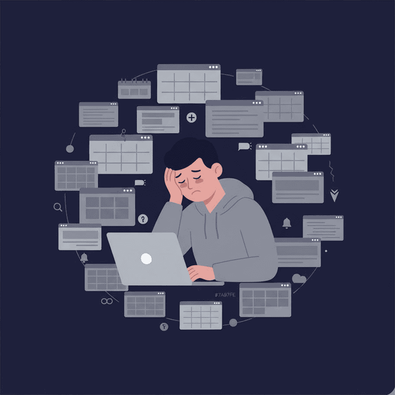 Illustration of an exhausted remote worker surrounded by chaotic browser tabs and notifications